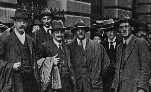 Committee members of the No Conscription Fellowship outside the Mansion House, 17 May 1916, after refusing to pay a fine for publishing a leaflet calling for the end of conscription. They were sentenced to 61 days in prison under the Defence Of The Realm Act. From A C.O. in Prison by W J Chambermaid c. 1916 Nation Labour Press