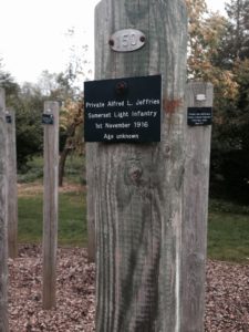 Alfred Jefferies' stake in the Shot at Dawn Memorial within the National Memorial Arboretum in Staffordshire.