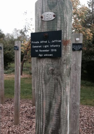 Alfred Jefferies' stake in the Shot at Dawn Memorial within the National Memorial Arboretum in Staffordshire.