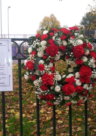 The wreath laid in memory of the Jeffries Brothers who died at The Somme in 1916