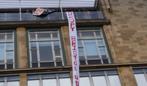 University building with student occupation banners