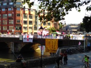 XR Protesters and banners on Bristol Bridge