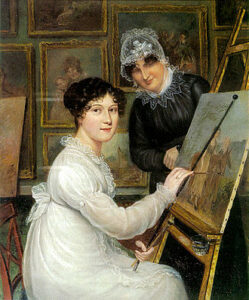 Ellen Sharples painting on an easel with her mother Rolinda Sharples next to her. 