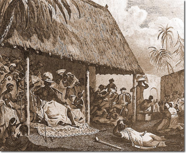 The King of Dahomey's Levée". The King of Dahomey, perhaps Ahosu Tegessou (1740-1774), the Bight of Benin. is holding a levée (reception).