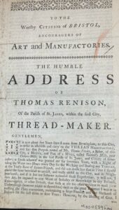 Plain text document titled The Humble Address of Thomas Renison Thread-Maker