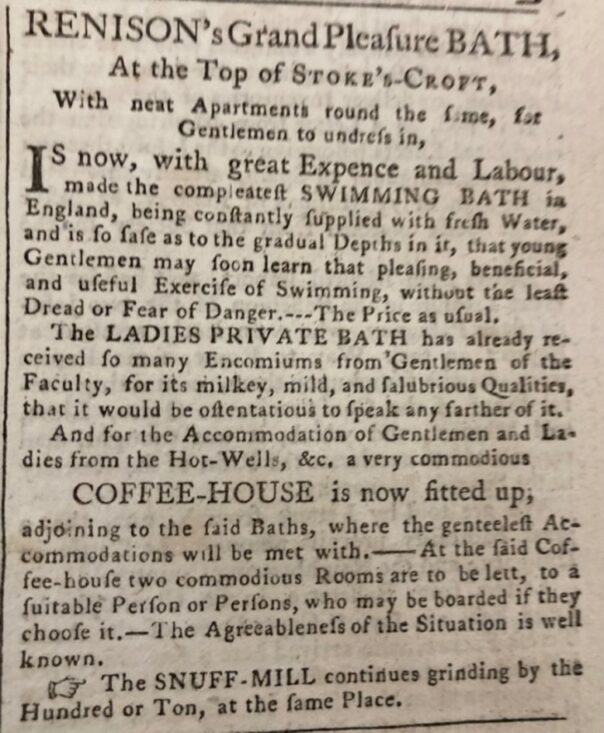 Plain text promotion for Rennisons Bath from 1767.