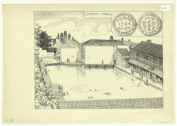 Pen and ink drawing of baths and bath houses in Montpelier by Samuel Loxton.
