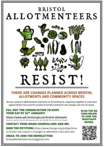 Image consists of small pictures of veg, plants and seedlings. Plus the text Bristol Allotmenteers Resist and brief explainer of the campaign, plus important links for people to check out. THese are in the article below too.